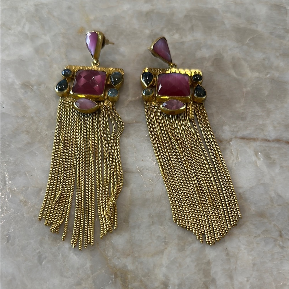 Elegant Gold Blue and Pink Dangle Earrings